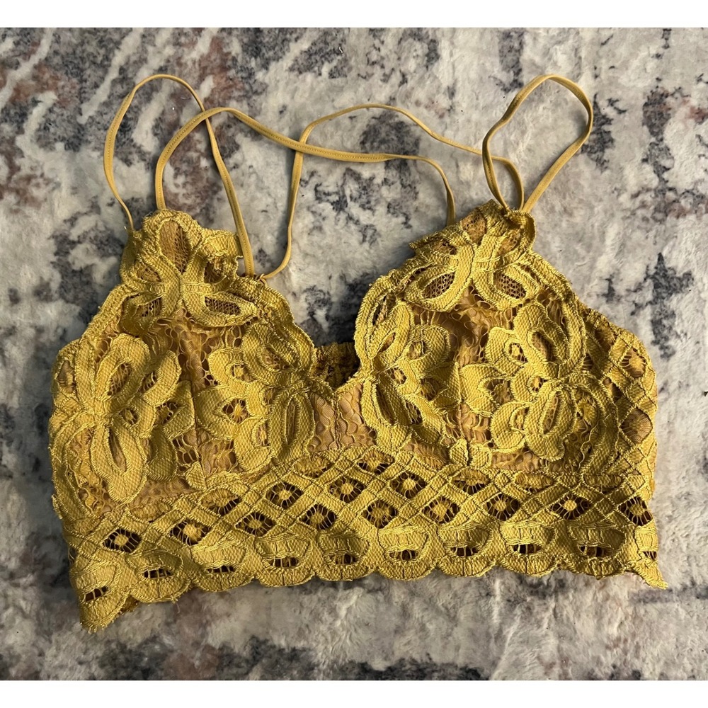 NWOTMustard Yellow Lace Bralette Boho Crochet Smocked Back Adjustable Straps, L - Picture 1 of 5